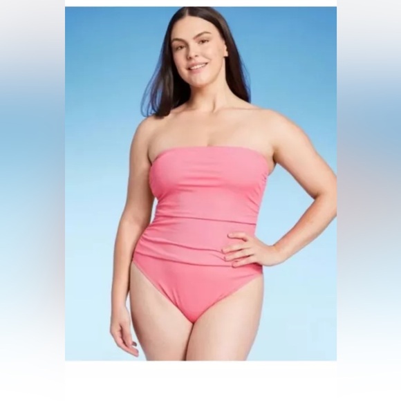 Women's Shirred Ribbed Bandeau One Piece Swimsuit, Shade & Shore, Pink, Sz Large - Picture 1 of 4